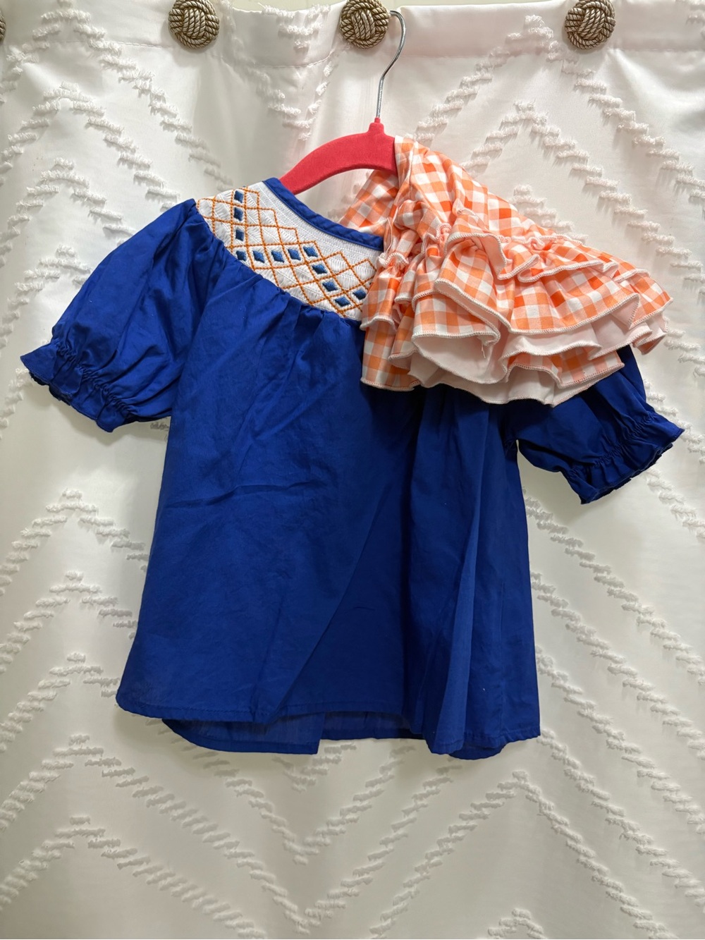 Girls' Royal Blue Smocked Top with Orange Gingham Ruffle